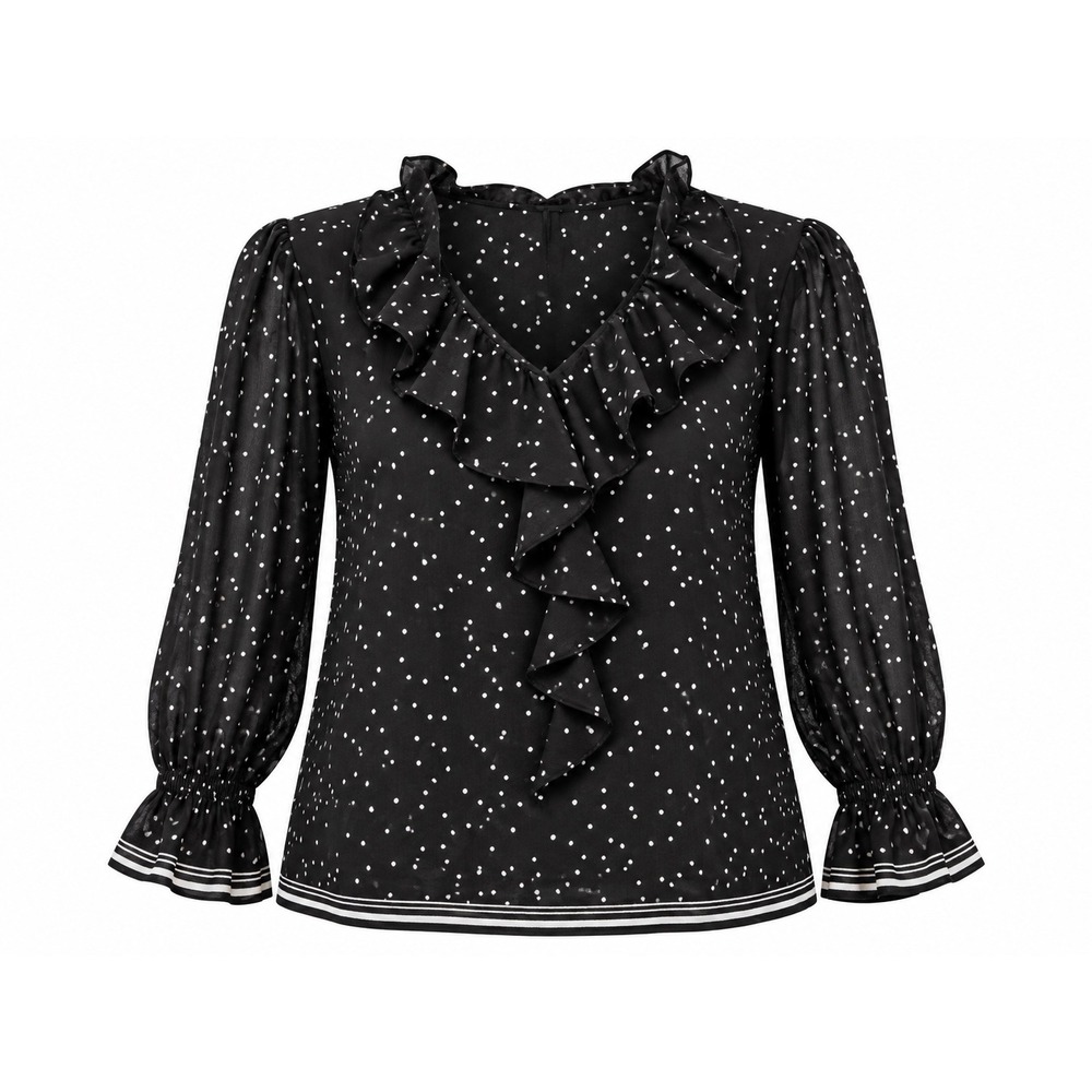 Max Studio Women's Small Black White Polka Dot Ruffle Tie Neck Blouse NWT